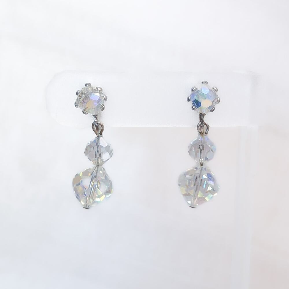 Vintage Clip On Earrings Stylish Clear Iridescent Dangle Drop - Fair Condition